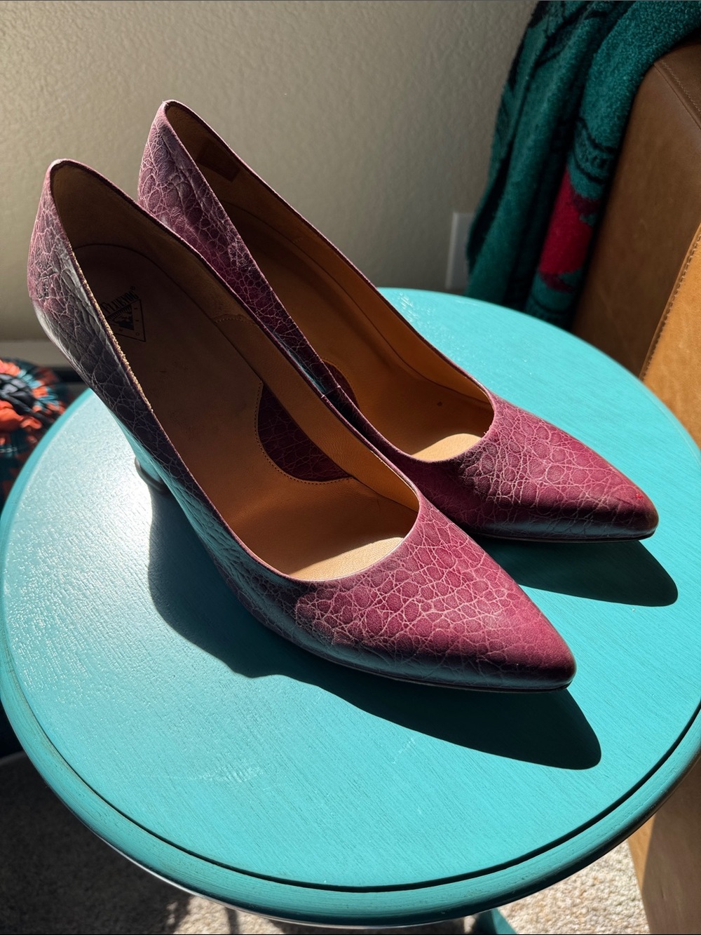 John Fluevog Pointed Toe Pumps in Plum Lace-Textured Finish